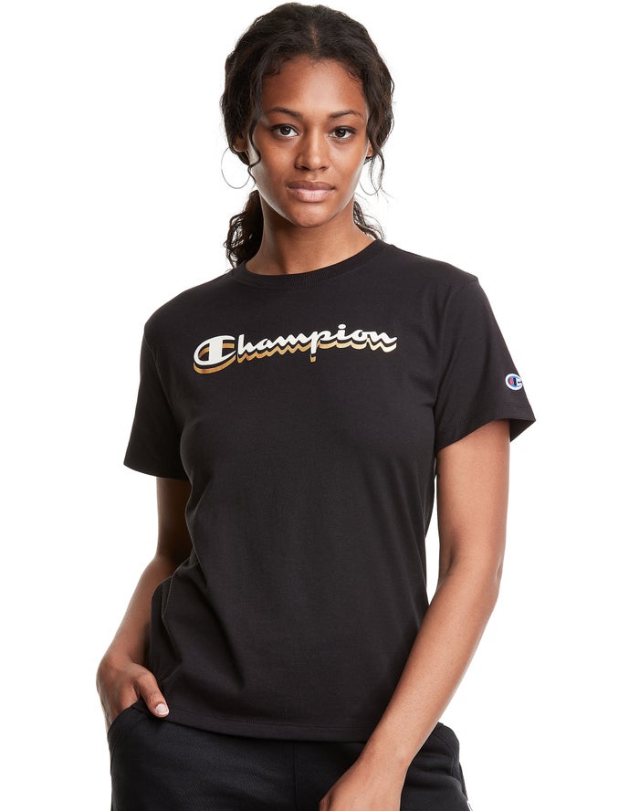 Champion Classic Drop Shadow Foil Script Logo T-Shirt Dames - Zwart - Belgie 5043ZKJIC